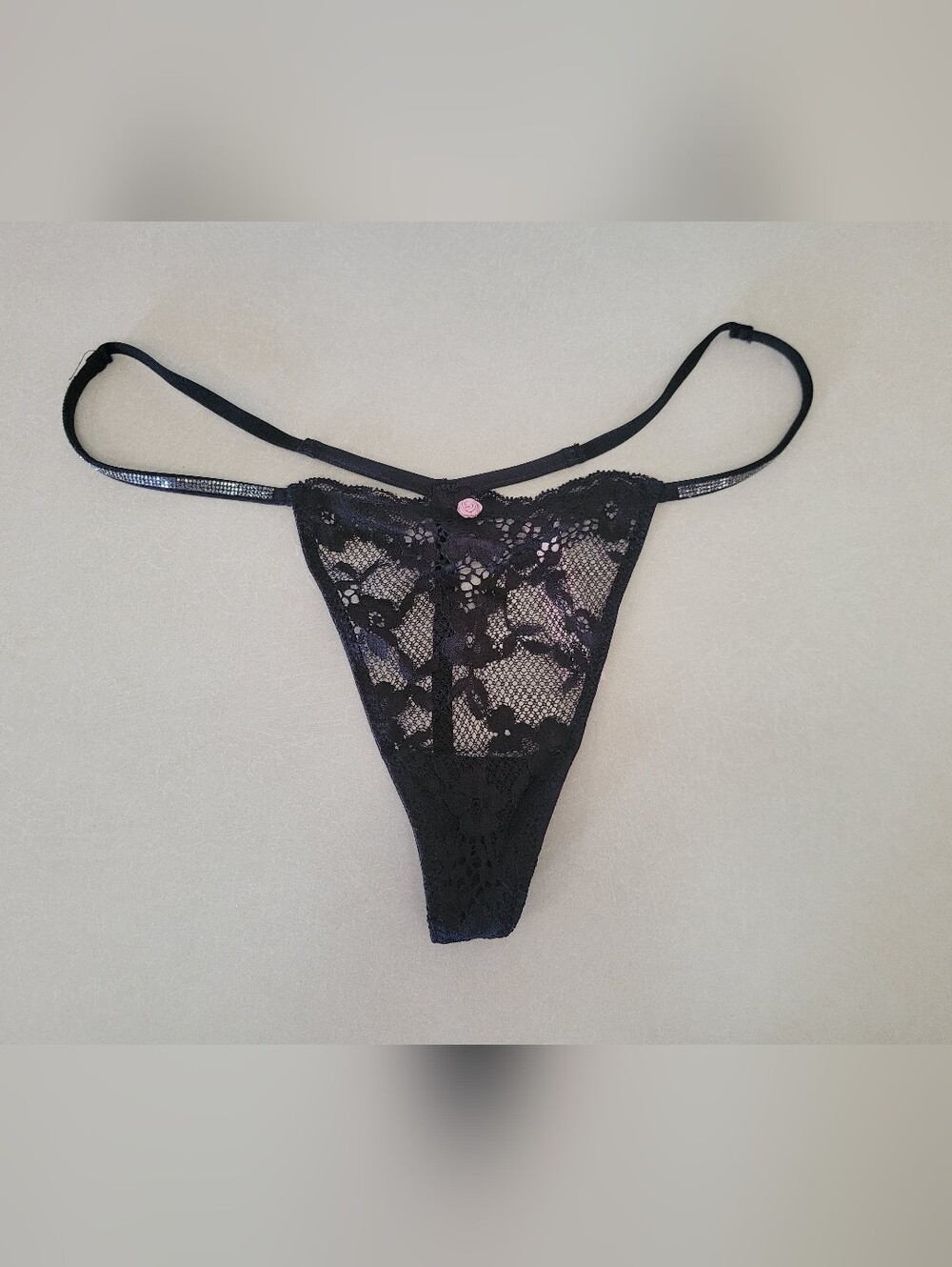 Victoria's Secret Black Lace Thong with Pink Button Accent